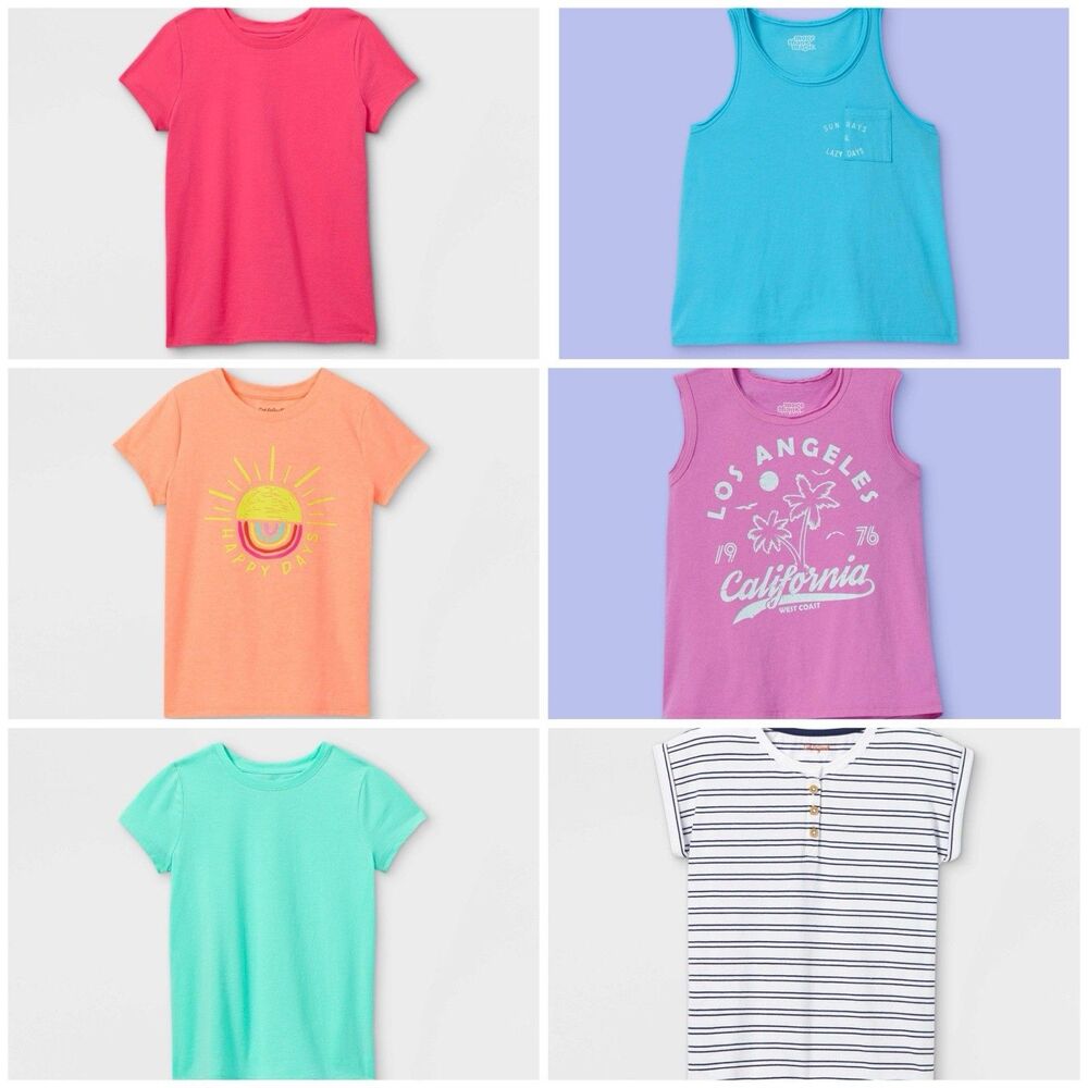 Cat & Jack New Bundle 6 Pcs Girls Short Sleeves Tee Pink Green Tank Tops XS 4/5